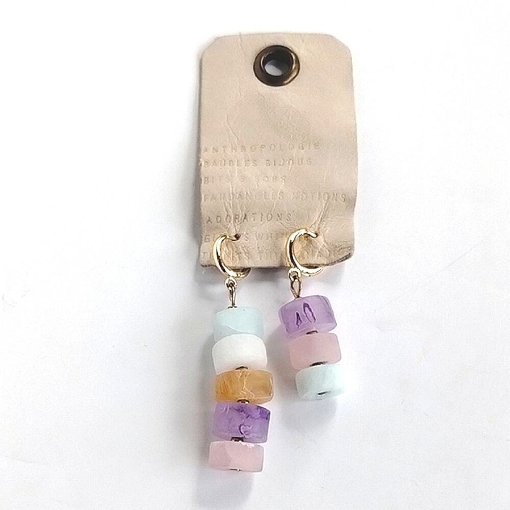 Anthropologie NEW Pastel GEM Stone Disc Gold Tone Mini Hoop Huggie Earrings